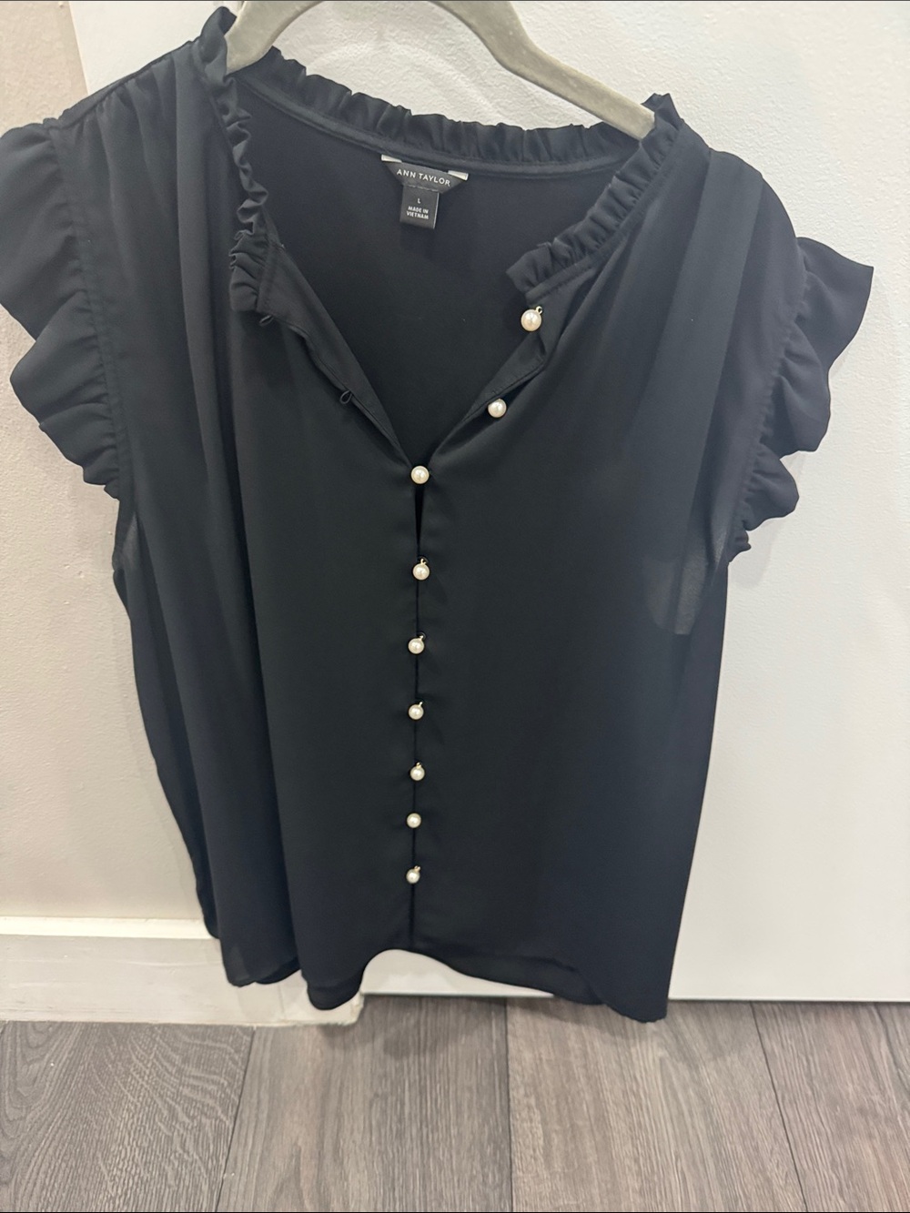 Ann Taylor Black Pearl-Button Ruffle Sleeve Top
